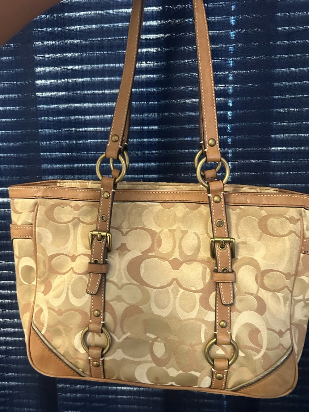 Coach Beige Signature Canvas Tote with Tan Leather Handles - Picture 2 of 6
